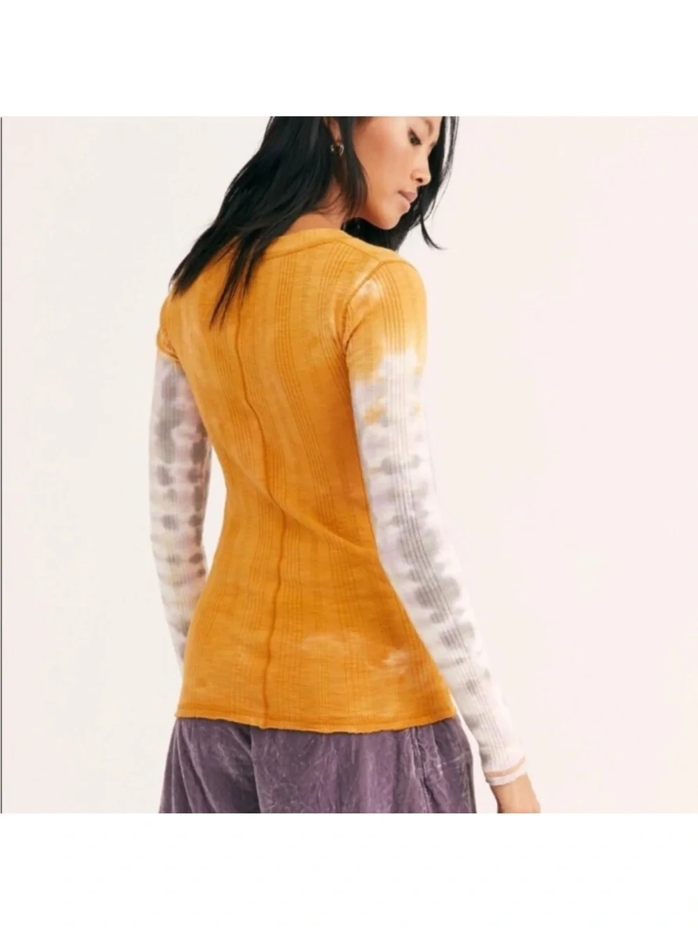 Free People Big Sur Tee in Orange Long Sleeve Tie Dye Large Boho